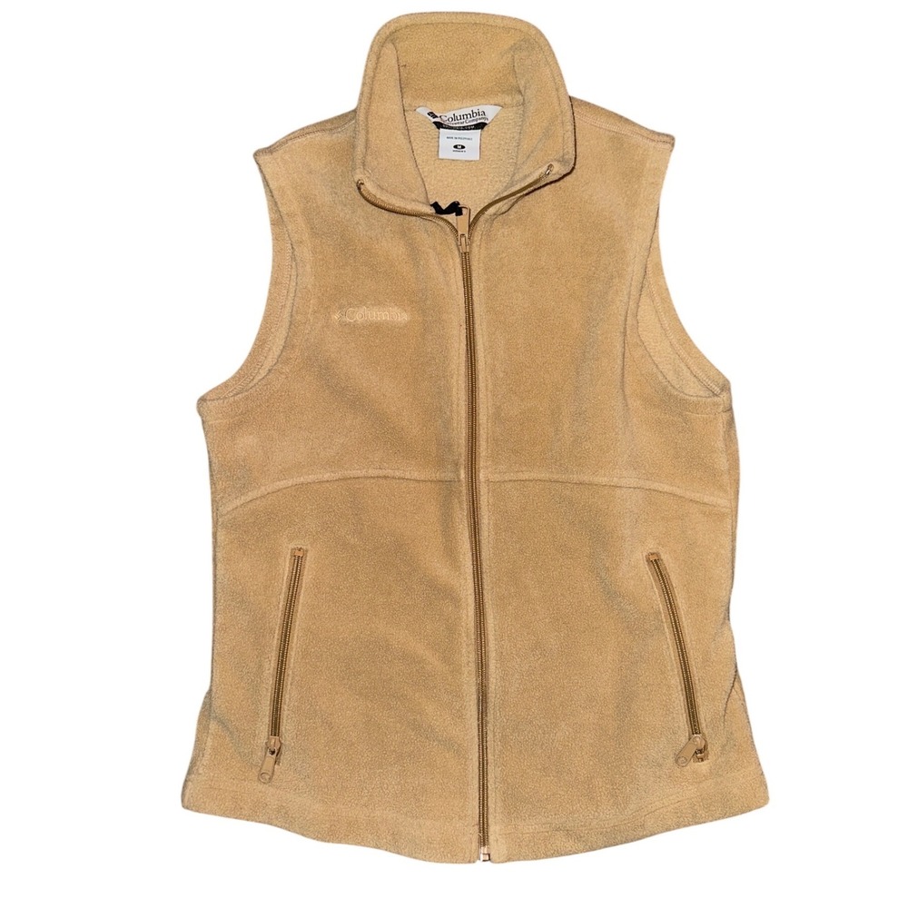 Columbia Womens Fleece Vest Tan Full Zip Sleeveless Jacket Medium Slim Fit